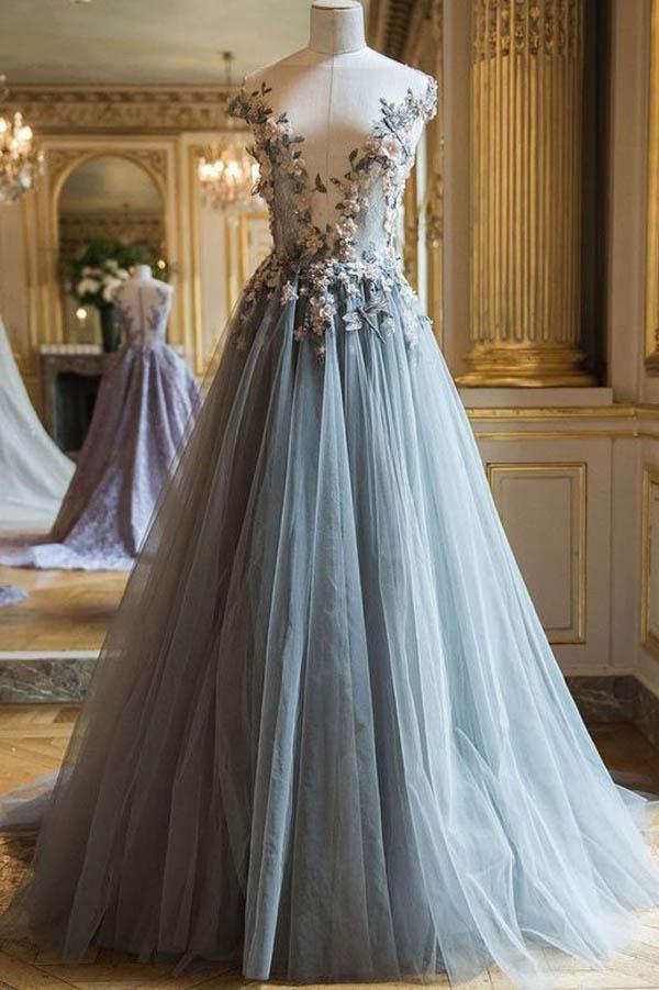 Grey Tulle A line V neck Long Prom Dresses With Flowers Evening Dresses MP253 Musebridals