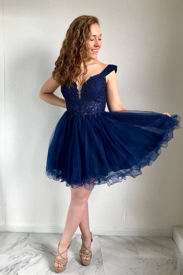 Cheap A Line Navy Blue Lace V Neck Homecoming Dresses MH429