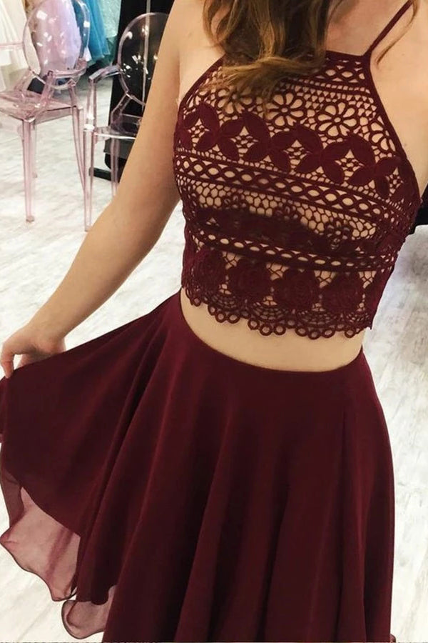 Burgundy Two Pieces A-Line Spaghetti Straps Sleeveless Homecoming Dresses,  MH449