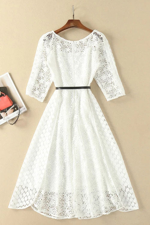 White Half Sleeve Lace Dress