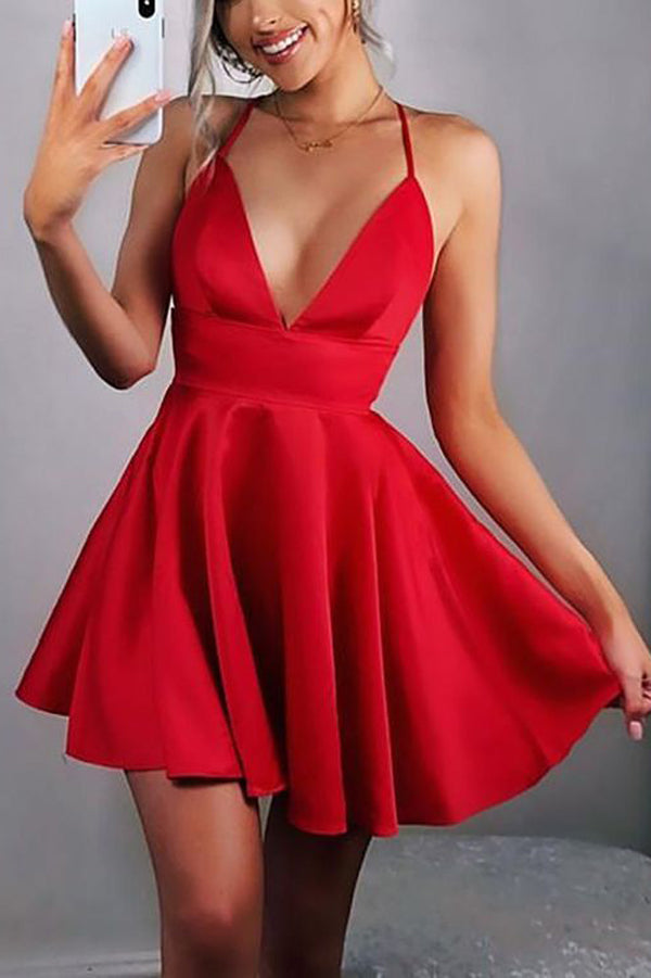 Red Satin Deep V-neck Short Cocktail Dress