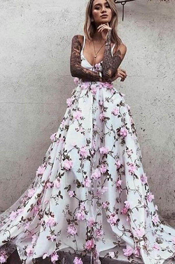 Floral Lace Beautiful Spaghetti Straps Long Prom Dress Evening