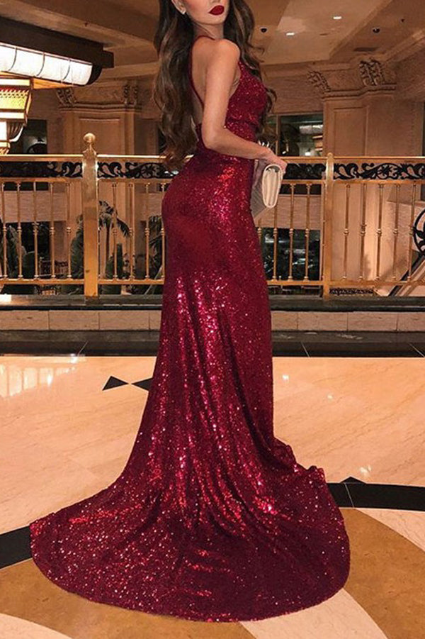Lace Burgundy Spaghetti Straps V-neck Mermaid Prom Dresses Train,MP625 –  Musebridals