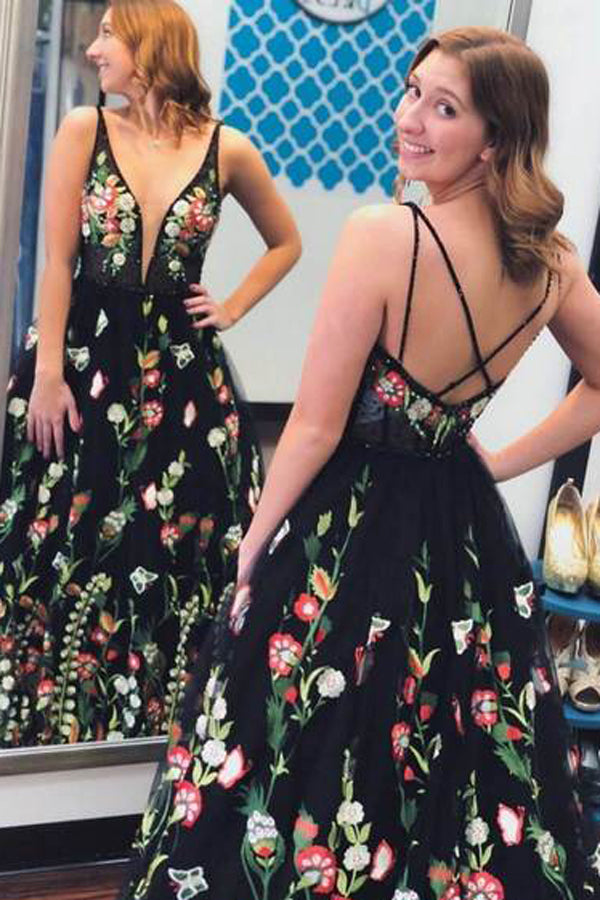 Spaghetti Strap Black Prom Dresses Floral Formal Dress,MP466 – Musebridals