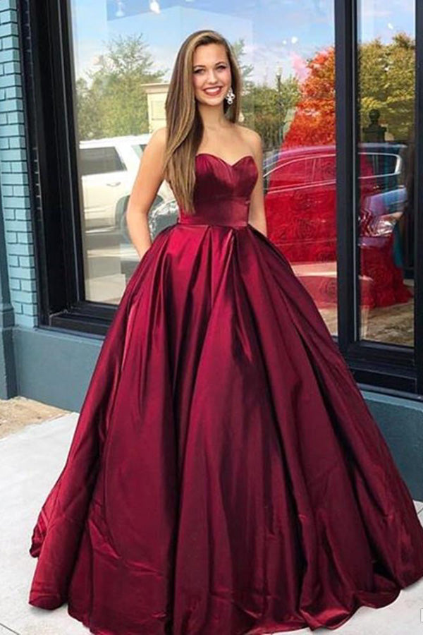 Sweetheart Dark Red Satin Long Prom Dresses with Pockets, Dresses –
