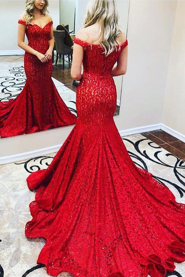 Red Strapless Lace Long Prom Dress, Mermaid Evening Party Dress