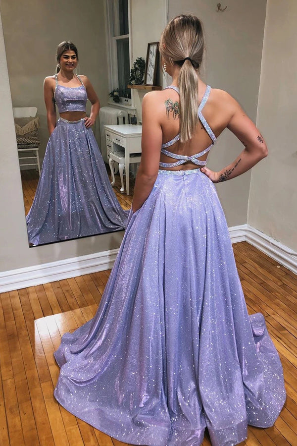 Tulle Lavender A-Line Sparkle Two Piece Prom Dress With Appliques ,MP559