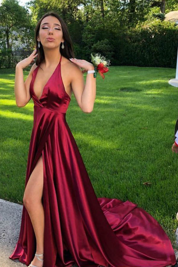 A-Line V Neck Spaghetti Straps Backless Sweep Train Red Satin Long