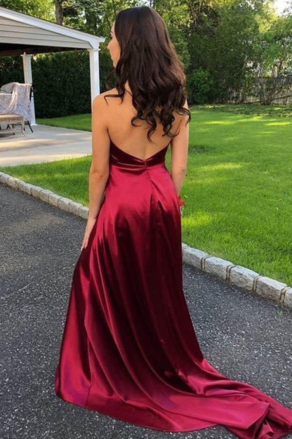 Sexy Spaghetti Strap Burgundy Lace Deep V-neck A-line Evening Gown With  Side Slit