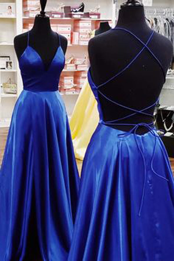 A Line V Neck Satin Long Royal Blue Prom Dresses with Hihg Split, V Neck  Royal Blue Formal Dresses, Royal Blue Evening Dresses