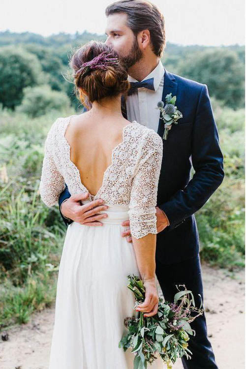 Elegant See Through 3/4 Sleeve Backless Lace and Chiffon Rustic Weddin –  Musebridals