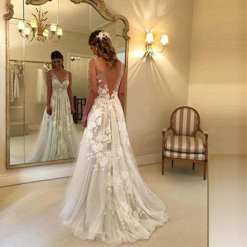 Ivory V Neck Beach Wedding Dresses with Lace Appliques, Bridal Dresses,  MW512