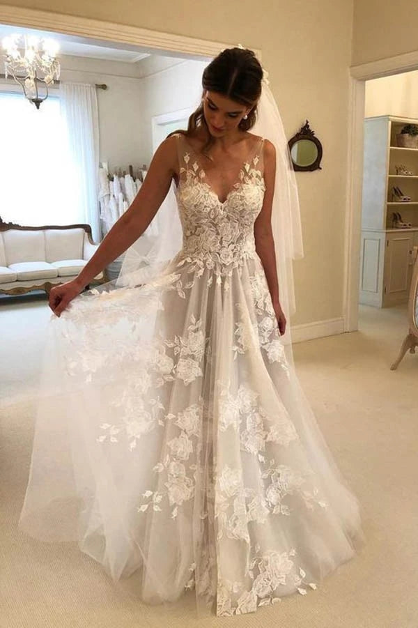 V Neck Beach Boho Wedding Dresses Lace Appliques A Line Sweep Train Bridal  Gowns 