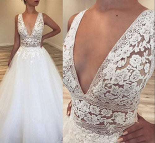 Sexy Deep V Lace Appliques Wedding Dresses Hot Slit Tulle Bridal Gown –  TANYA BRIDAL