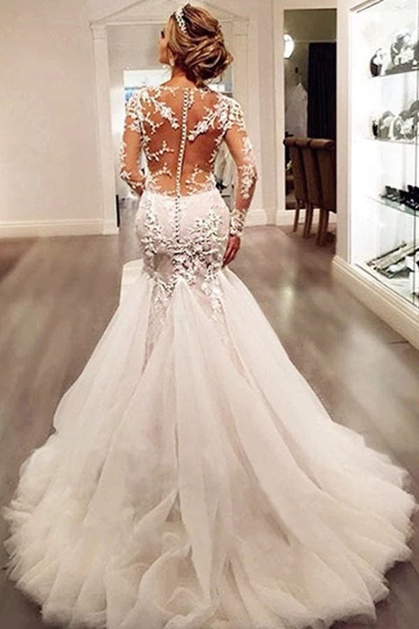 White Ball Gown Wedding Dresses Appliques Long Sleeve Sweep Train Wedding  Gowns