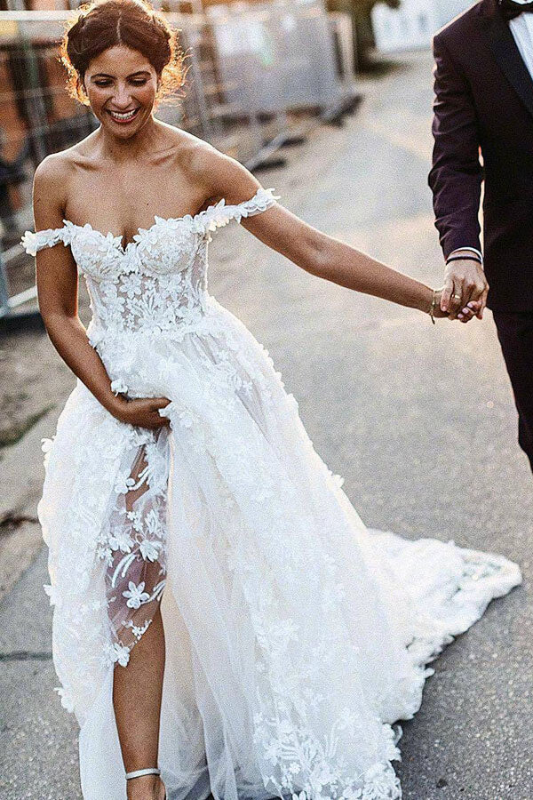 Boho Wedding Dresses Beach A Line Lace Off Shoulder Sweep Train Bridal Gown