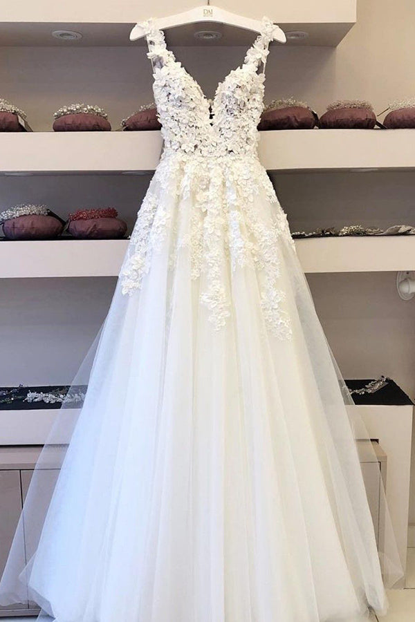 Gorgeous A-line Lace V-neck Tulle Long Wedding Dress with Appliques,MW –  Musebridals