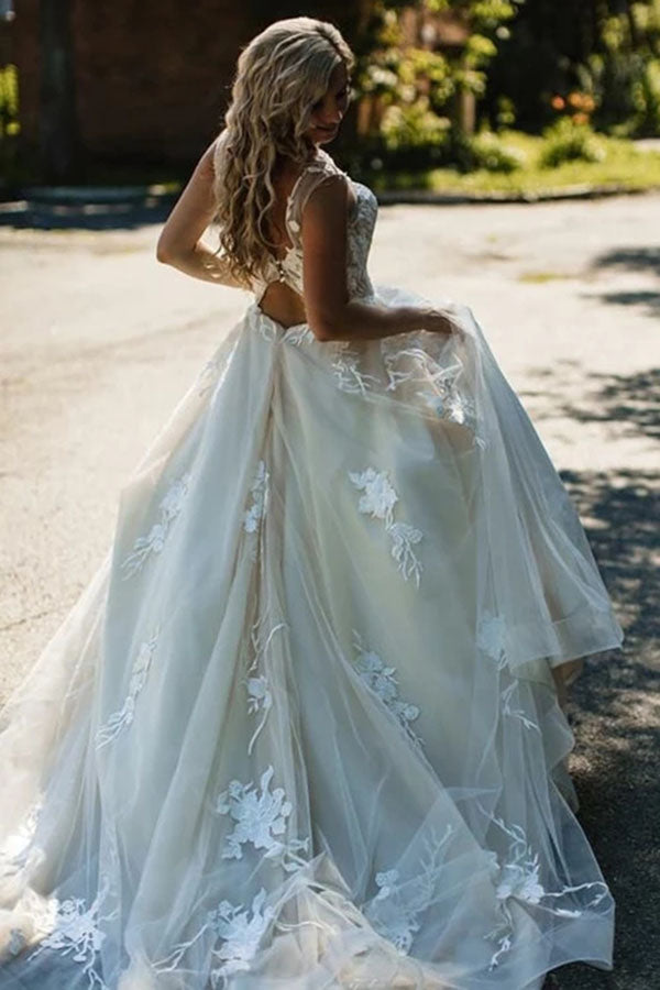Floral Applique Beach Wedding Dresses Backless Boho Wedding Gown,MW408