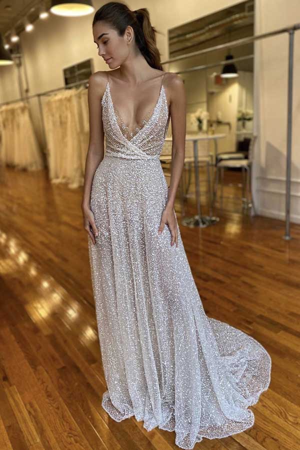 A-Line V-Neck Spaghetti Straps Lace Long Beach Wedding Dresses With  Slit,SFWD0018