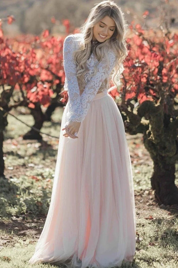 Lace Two Piece Long Sleeve Wedding Dresses Blush Pink Beach
