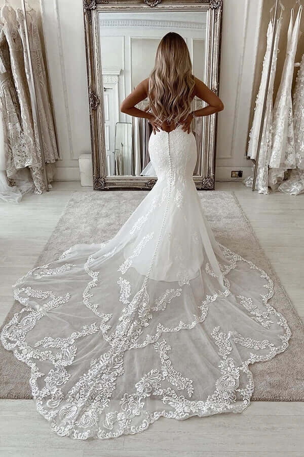 White Wedding Dress Mermaid Wedding Dress Lace Strap Open Back Zip