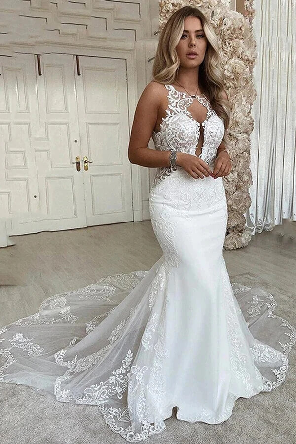 Mermaid Deep V-neck Backless Lace Wedding Dresses MW809