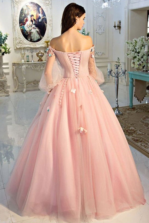 Pearl Pink Tulle Ball Gown Long Sleeves Prom Dress MP643