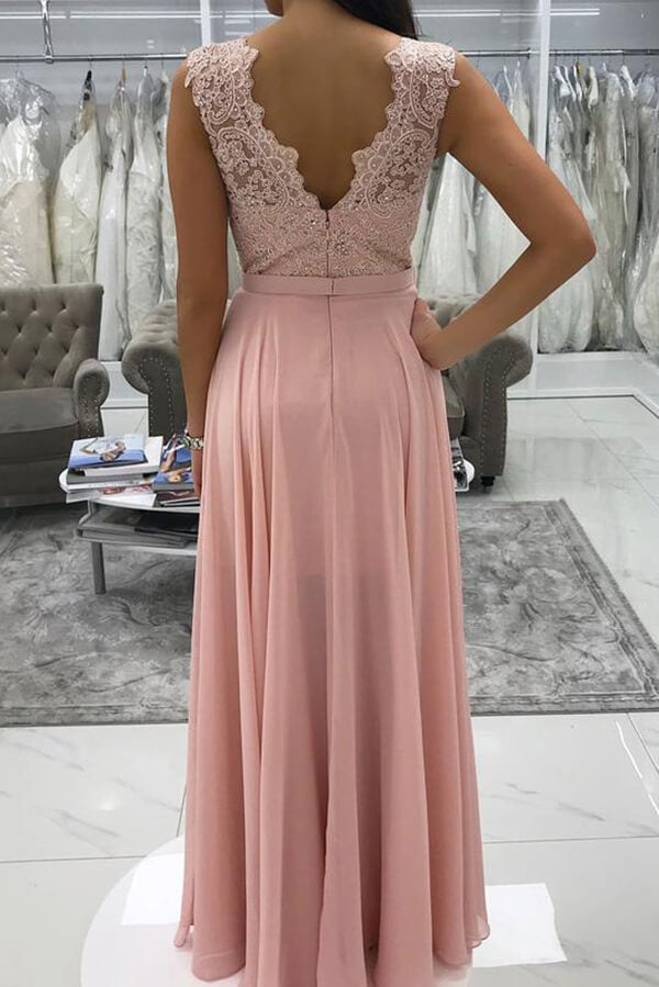 Pink Chiffon A-line Prom Dresses With Appliques, Beaded Evening Dress, MP630