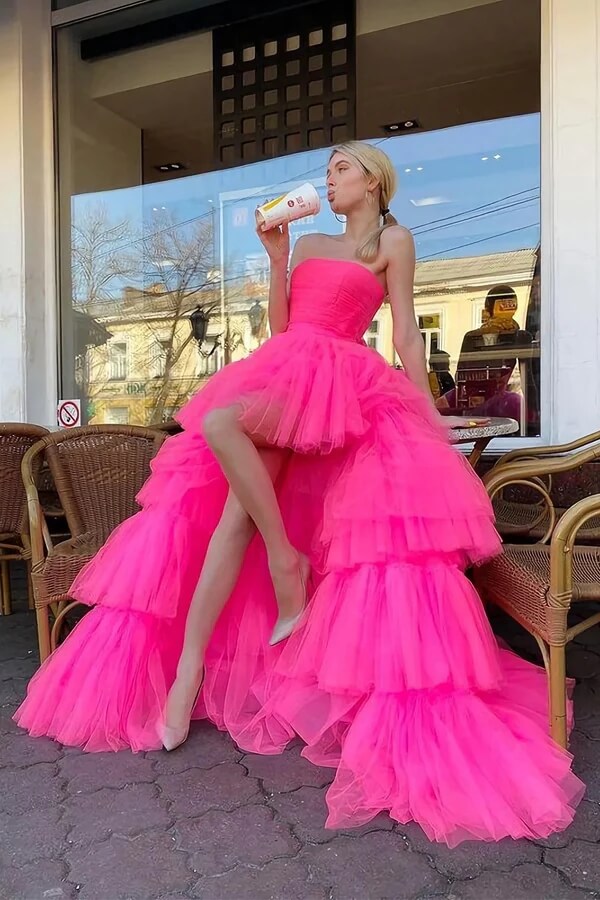Pink Tulle A-line High Low Princess Long Prom Dresses, Evening Dress, MP746