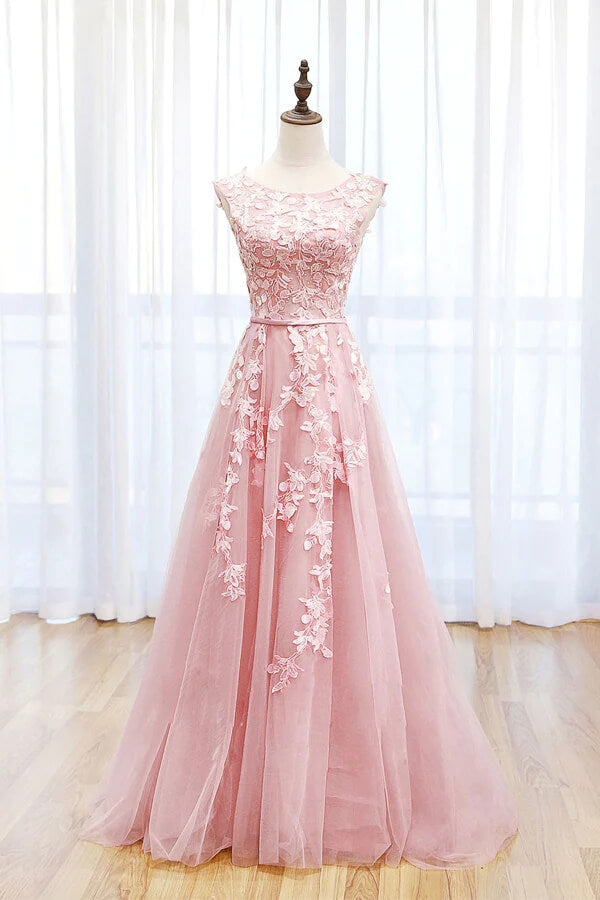 A-line Scoop Lace Prom Dress with Train