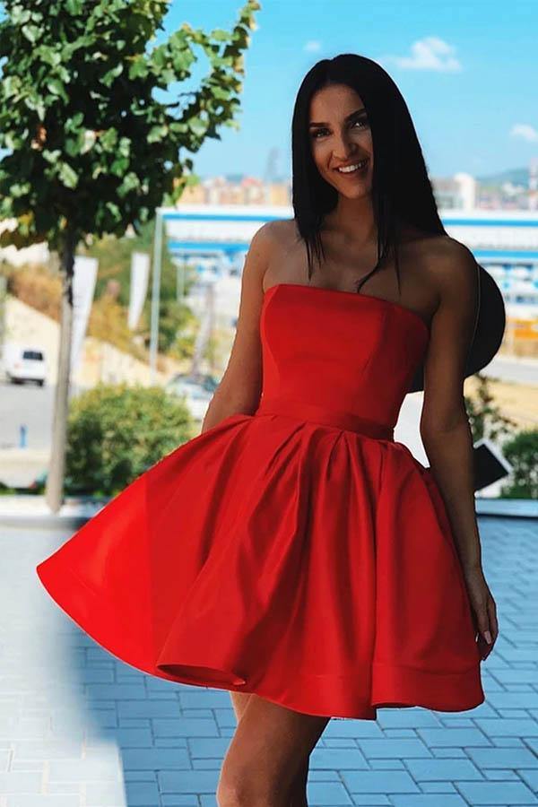 Red Satin A-line Strapless Short Homecoming Dresses, Short Party Dresses,  MH549