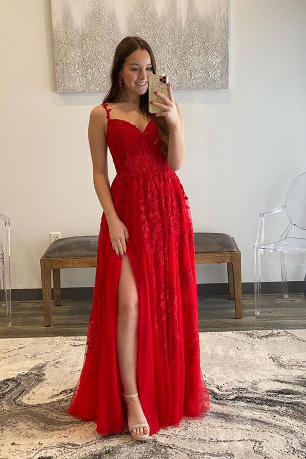 A-line Red Lace Prom Dress
