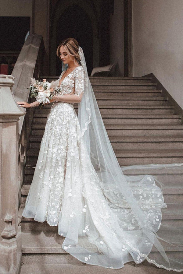 Romantic Lace A-line V-neck Long Sleeves Wedding Dresses, Bridal Gown, MW681