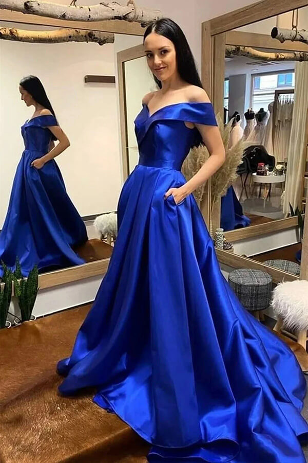 Royal Blue A-line Off Shoulder Prom Dresses, Evening Dresses With Train,  MP725