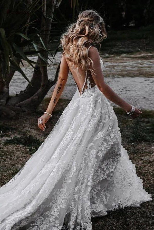 A-line V-neck Side Slit Lace Beach Wedding Dresses MW645 | Musebridals