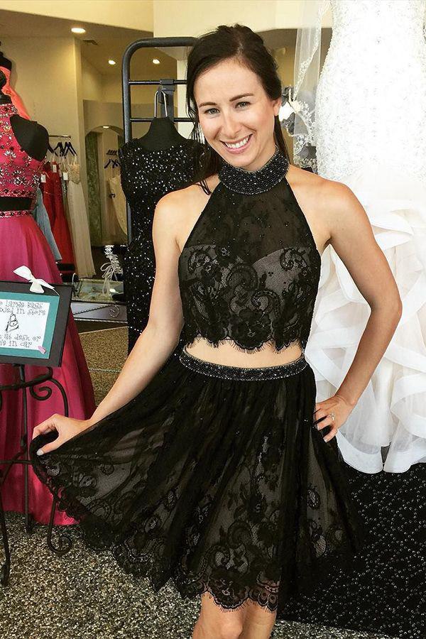 Two Piece Black Halter Lace Open Back Cheap Homecoming Dress With Appliques MH134