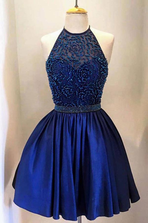 Royal Blue Taffeta High Neck Beaded Halter Homecoming Dresses, MH312 –  Musebridals