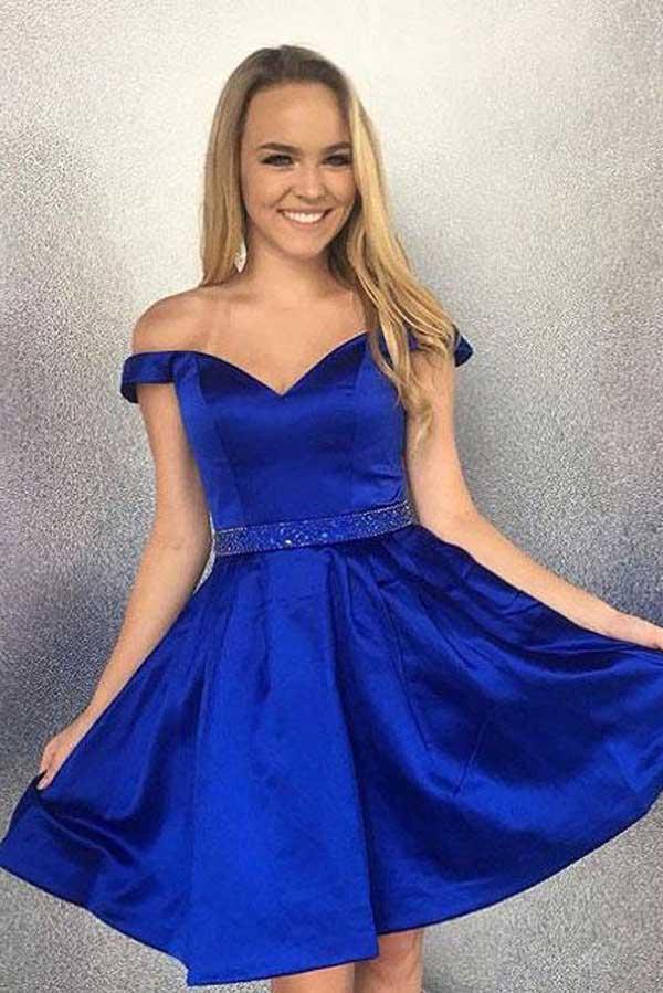 Cute Dark Blue Satin V neck Homecoming Dresses Chic Short Prom Dress, –  Musebridals