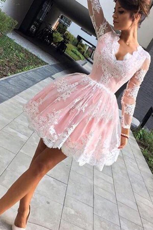 Cute Pink A-line Long Sleeves Short Prom Dress, Homecoming Dresses