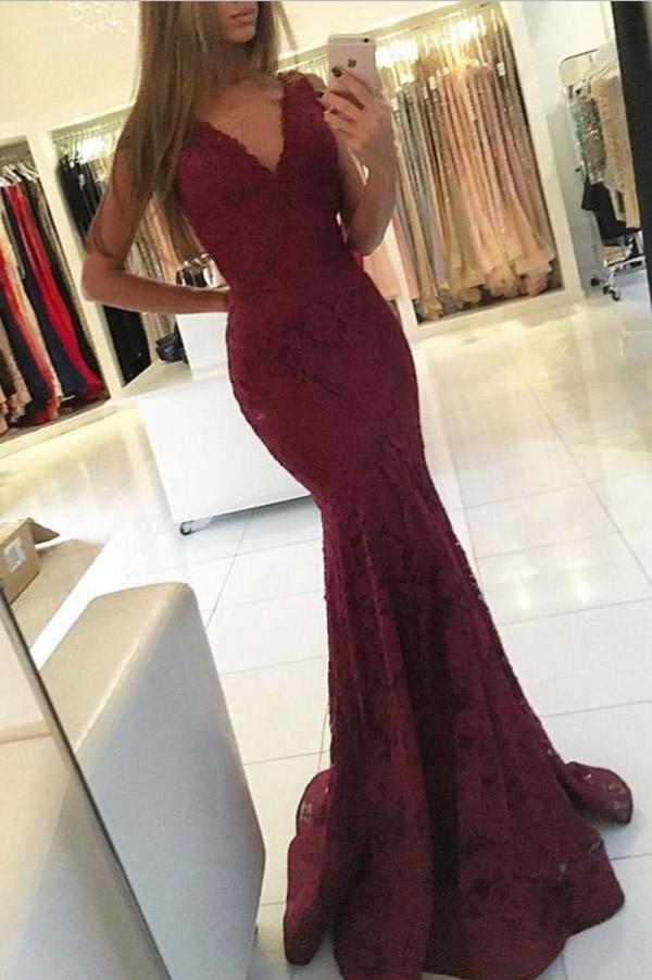 Lace Burgundy Spaghetti Straps V-neck Mermaid Prom Dresses Train