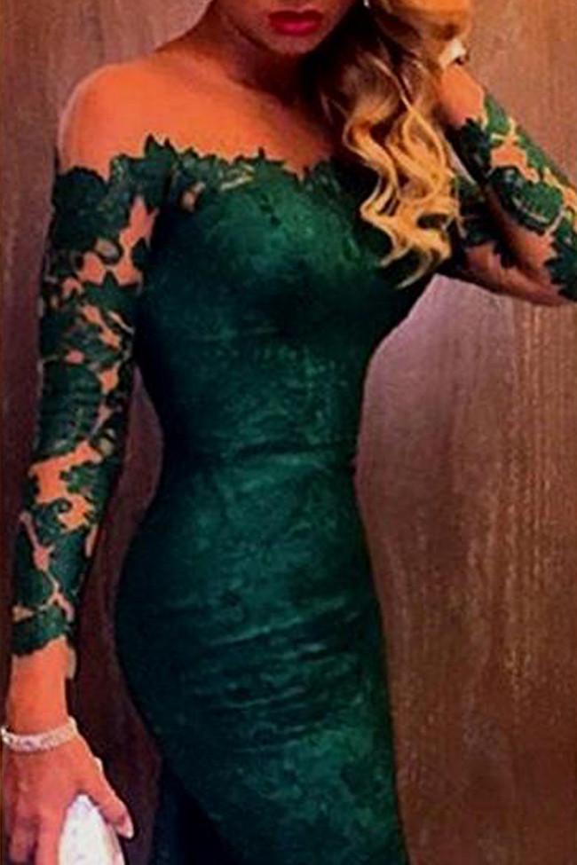 Long Sleeve Emerald Green Lace Mermaid Formal Gown