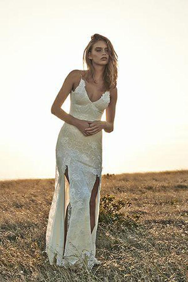 Ivory Lace Off-the-Shoulder Boho Backless Beach Wedding Dresses with Front  Split, MW174 – Musebridals
