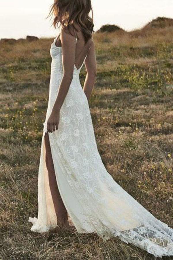 Lace Backless Wedding Dress. Plunge Scallop Front. LOW BACK Wedding Dress.  Simple Elegant Bohemian Wedding Dress. IVORY Lace. 