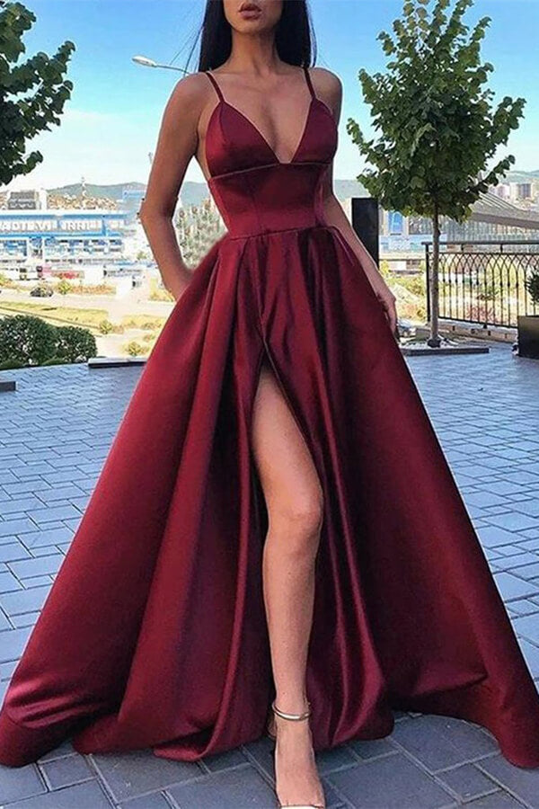 Alikey Spaghetti Straps Satin Prom Dresses Long with Slit V Neck Formal  Evening Party Gowns for Women with Pockets : : Clothing, Shoes 