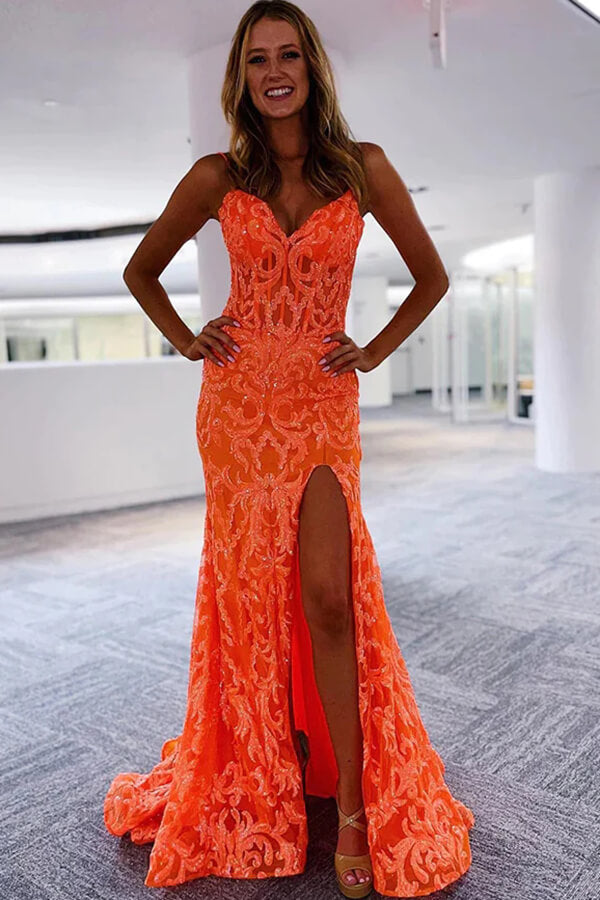 Shiny Orange Mermaid V-neck Lace Prom Dresses With Slit, Party Dress, MP808