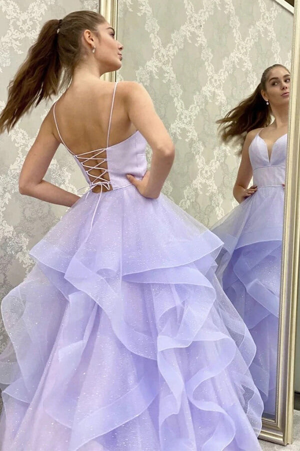 V Neck Backless Purple Tulle Prom Dresses with Belt, Backless Purple H –  Shiny Party