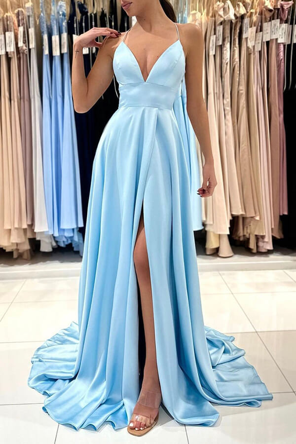 Simple Blue Satin A-line V-neck Long Prom Dresses MP785