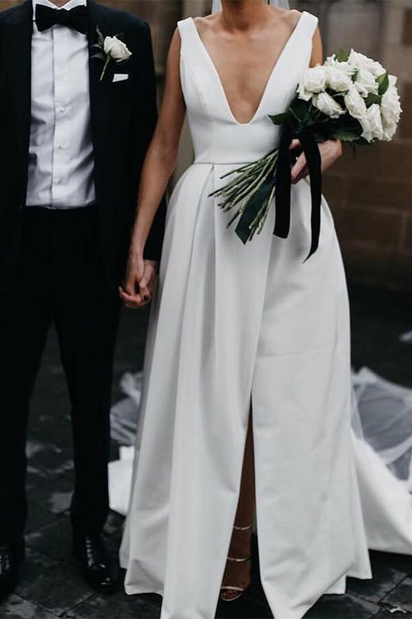 Simple Ivory Satin A-line V-Neck Wedding Dresses with Pockets, MW537