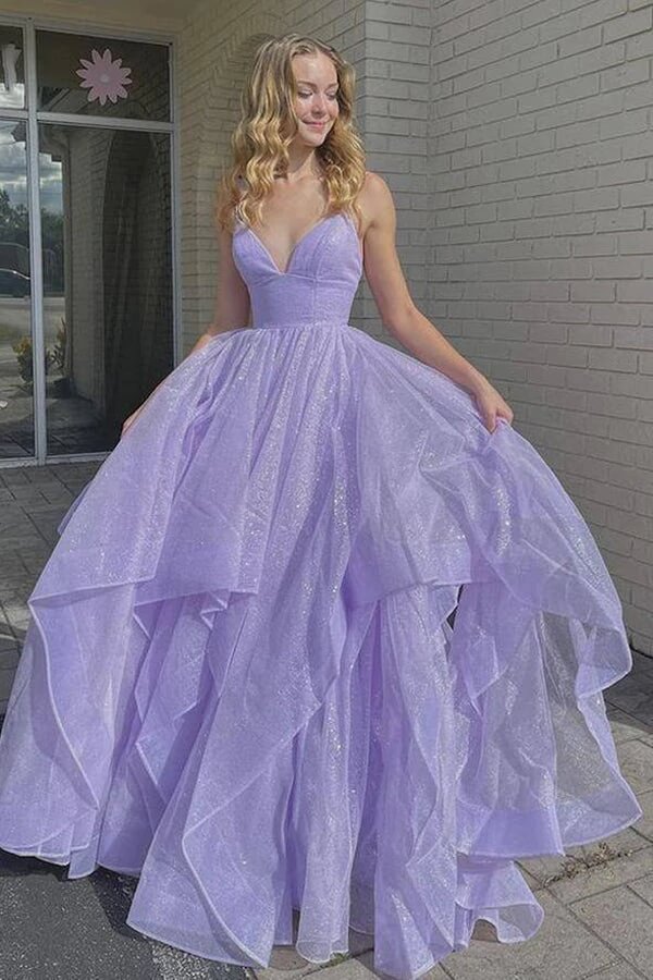 Simple Lilac Tulle A-line V-neck Lace Up Long Prom Dresses, Evening Gown,  MP663