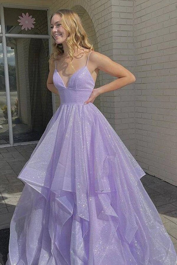 Simple Lilac Tulle A-line V-neck Lace Up Long Prom Dresses, Evening Gown,  MP663